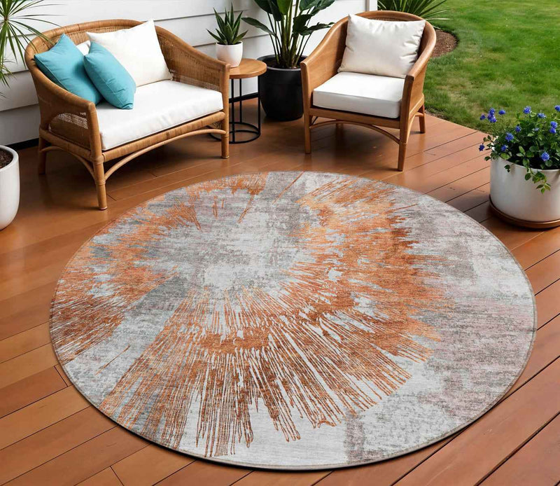 8' Terra Cotta Copper And Taupe Round Abstract Washable Indoor Outdoor Area Rug