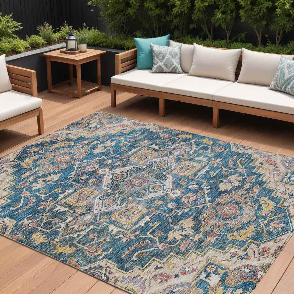 9' X 12' Blue Beige And Gold Oriental Washable Indoor Outdoor Area Rug