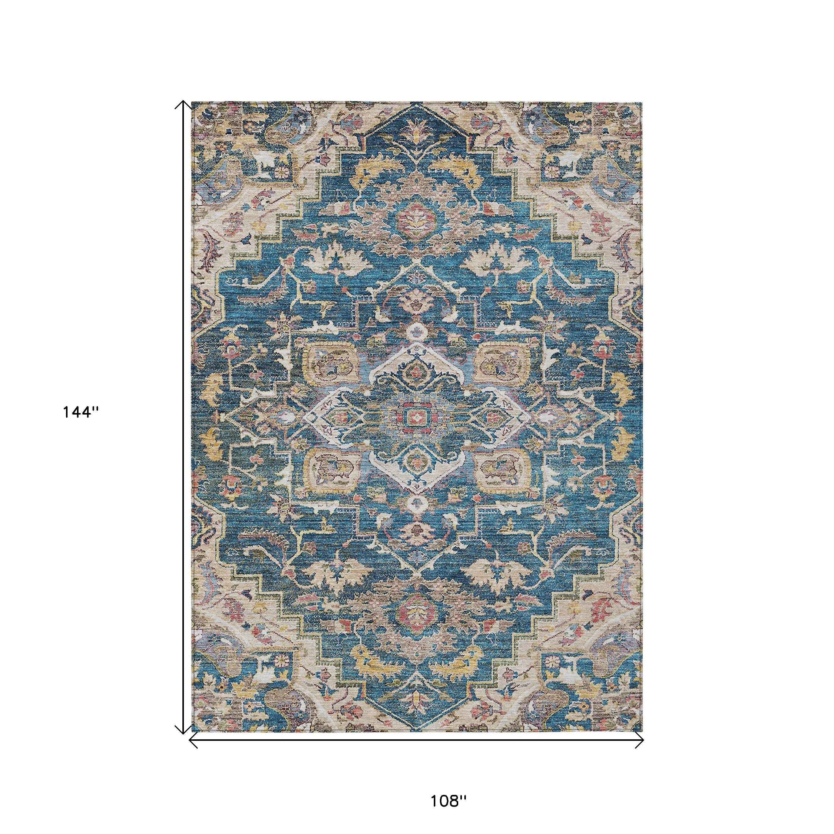 9' X 12' Blue Beige And Gold Oriental Washable Indoor Outdoor Area Rug