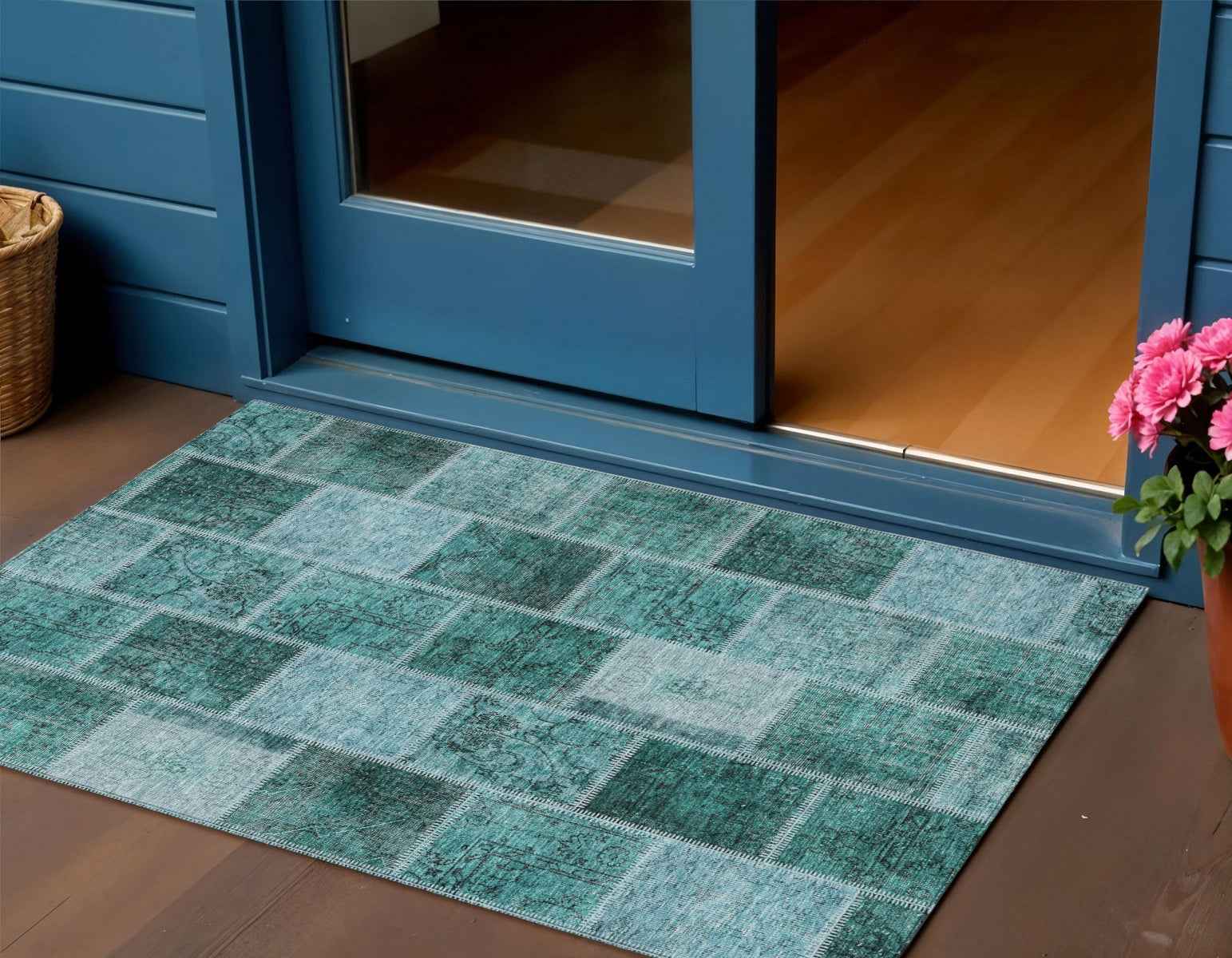 3' X 5' Teal Blue Aqua And Charcoal Patchwork Washable Indoor Outdoor Area Rug