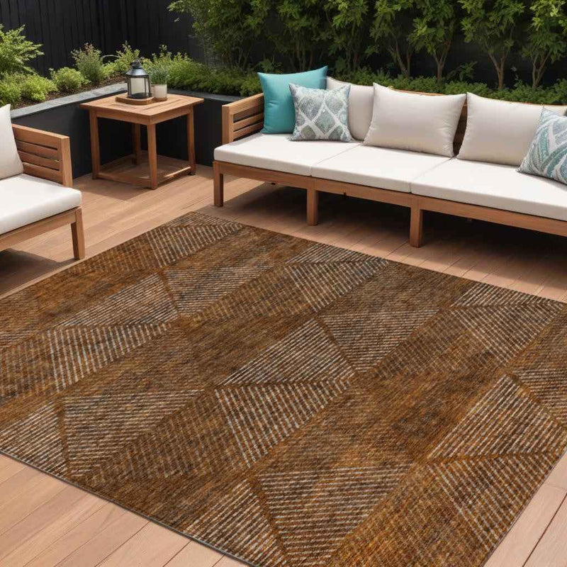 8' X 10' Terra Cotta Copper And Beige Geometric Washable Indoor Outdoor Area Rug