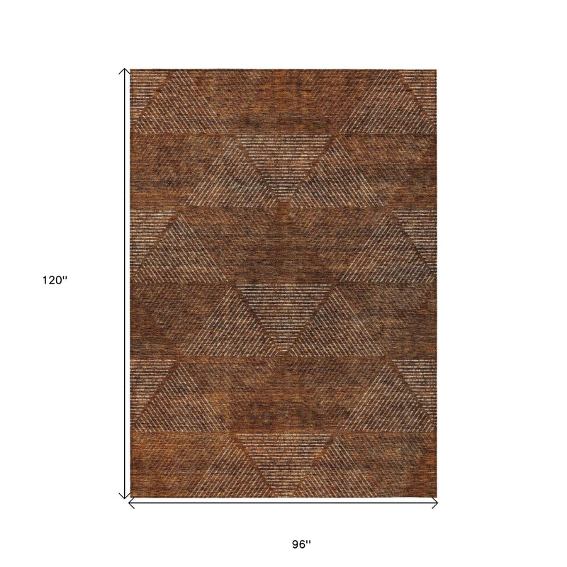 8' X 10' Terra Cotta Copper And Beige Geometric Washable Indoor Outdoor Area Rug
