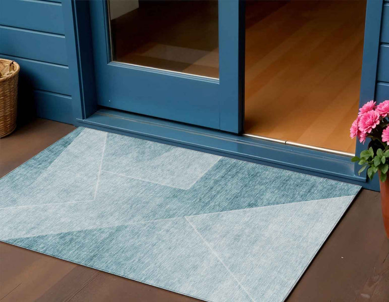 3' X 5' Teal Blue And Aqua Abstract Washable Indoor Outdoor Area Rug