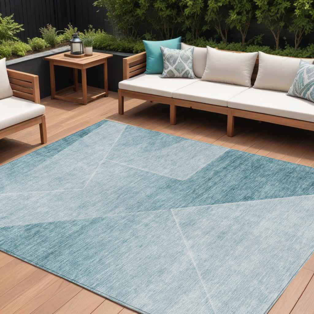 8' X 10' Teal Blue And Aqua Abstract Washable Indoor Outdoor Area Rug