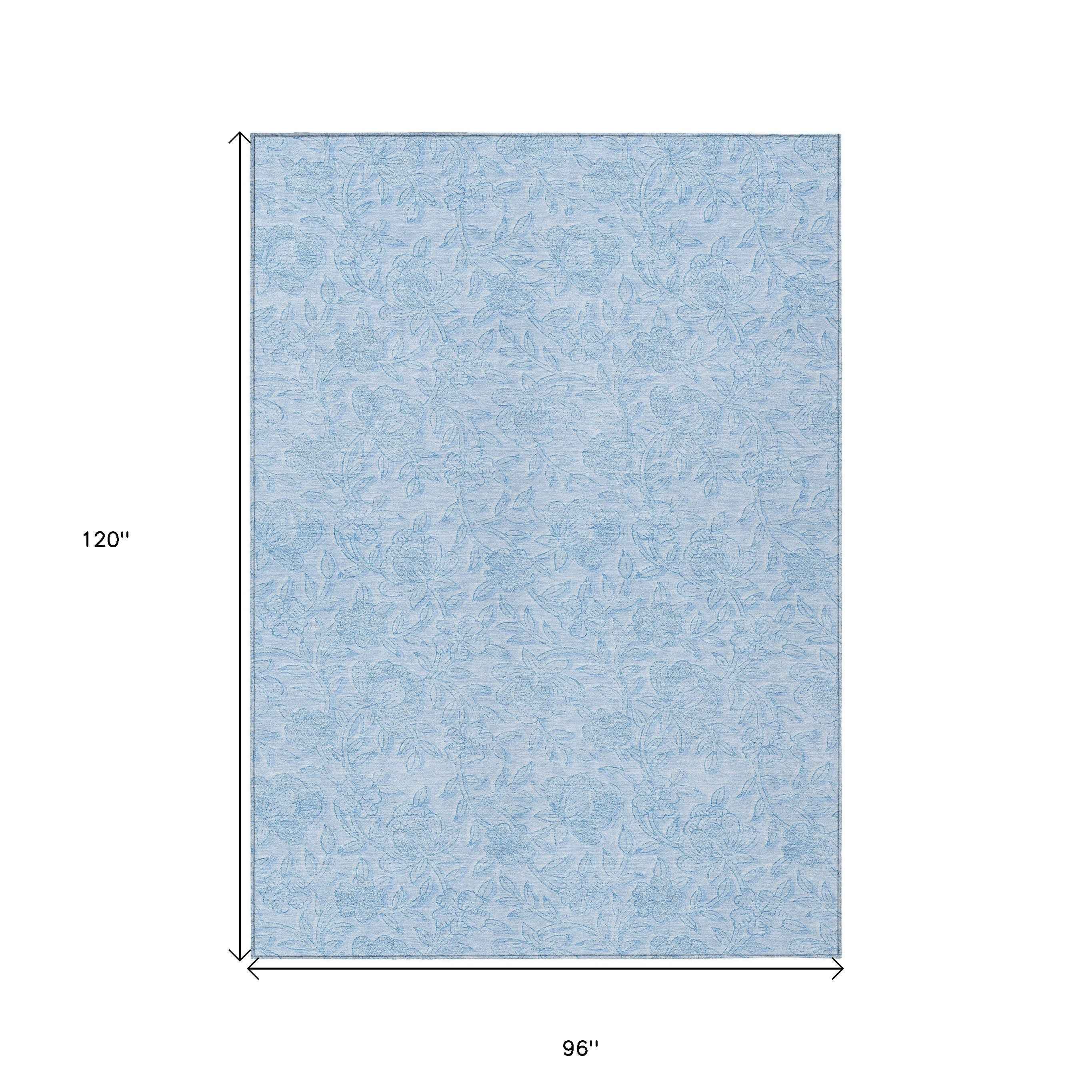 8' X 10' Sky Blue And Blue Floral Washable Indoor Outdoor Area Rug