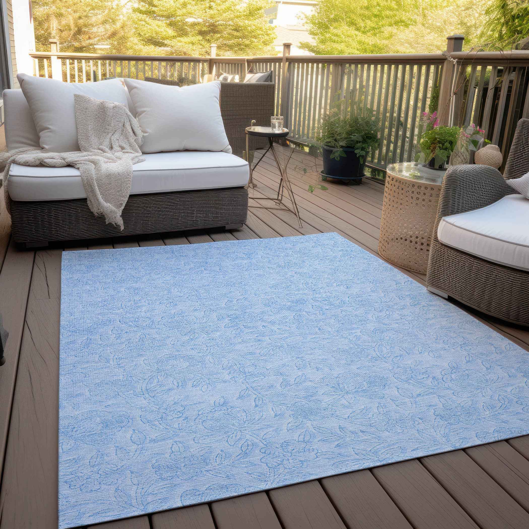 8' X 10' Sky Blue And Blue Floral Washable Indoor Outdoor Area Rug