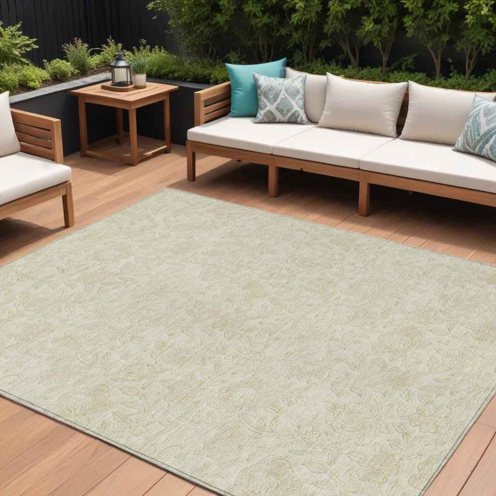 9' X 12' Ivory And Beige Floral Washable Indoor Outdoor Area Rug
