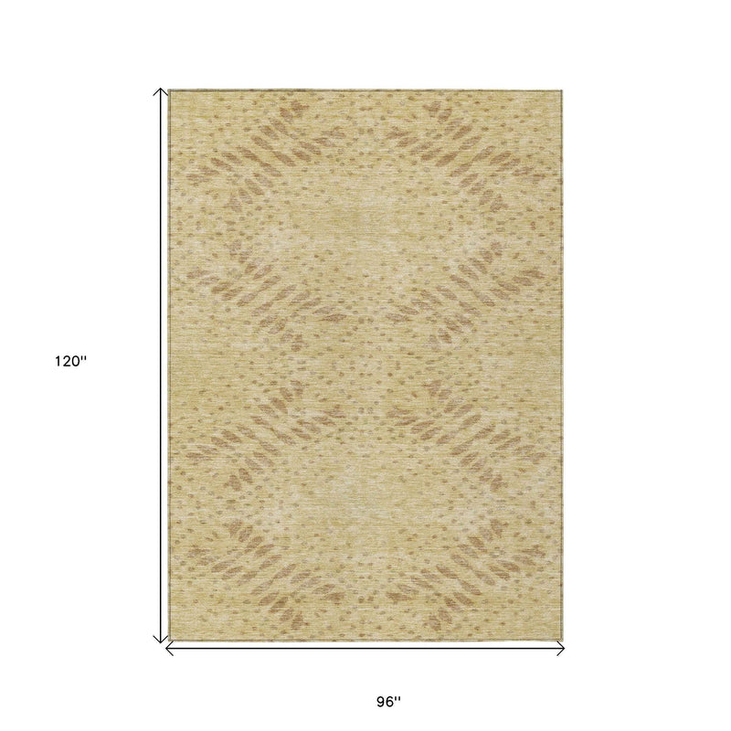 8' X 10' Gold Beige And Taupe Floral Washable Indoor Outdoor Area Rug