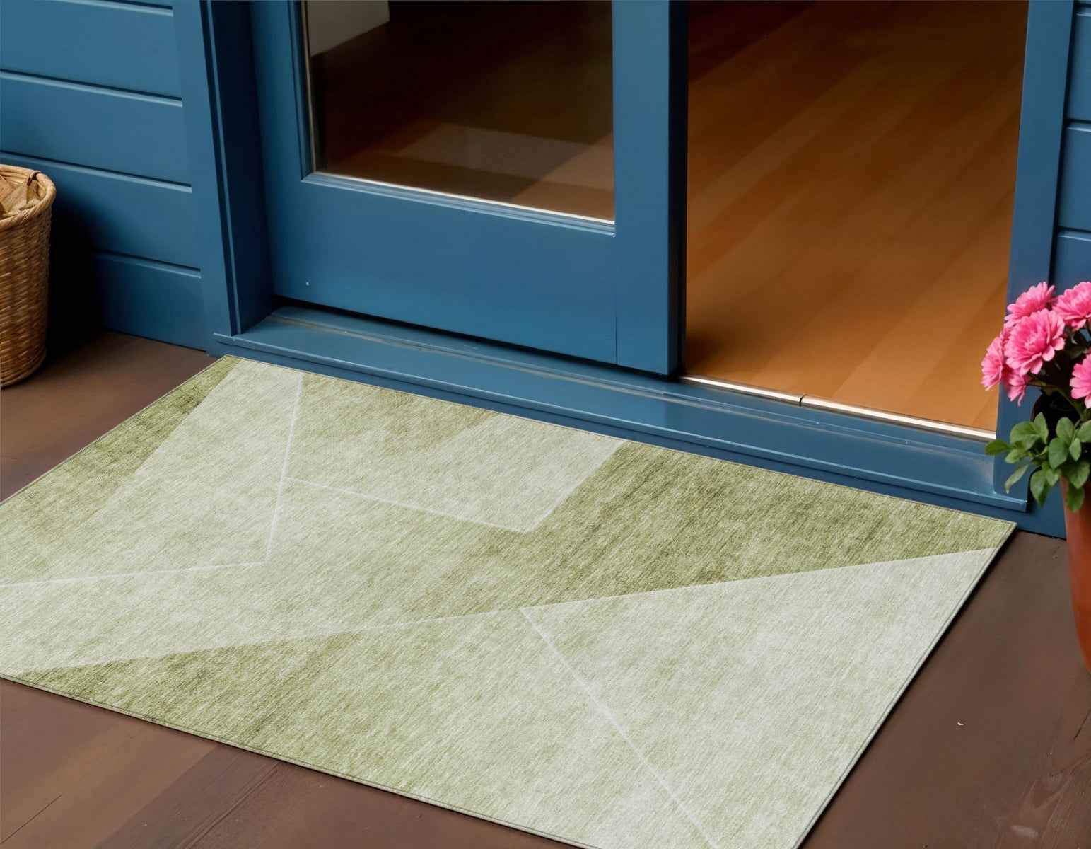 3' X 5' Sage And Artichoke Green Abstract Washable Indoor Outdoor Area Rug