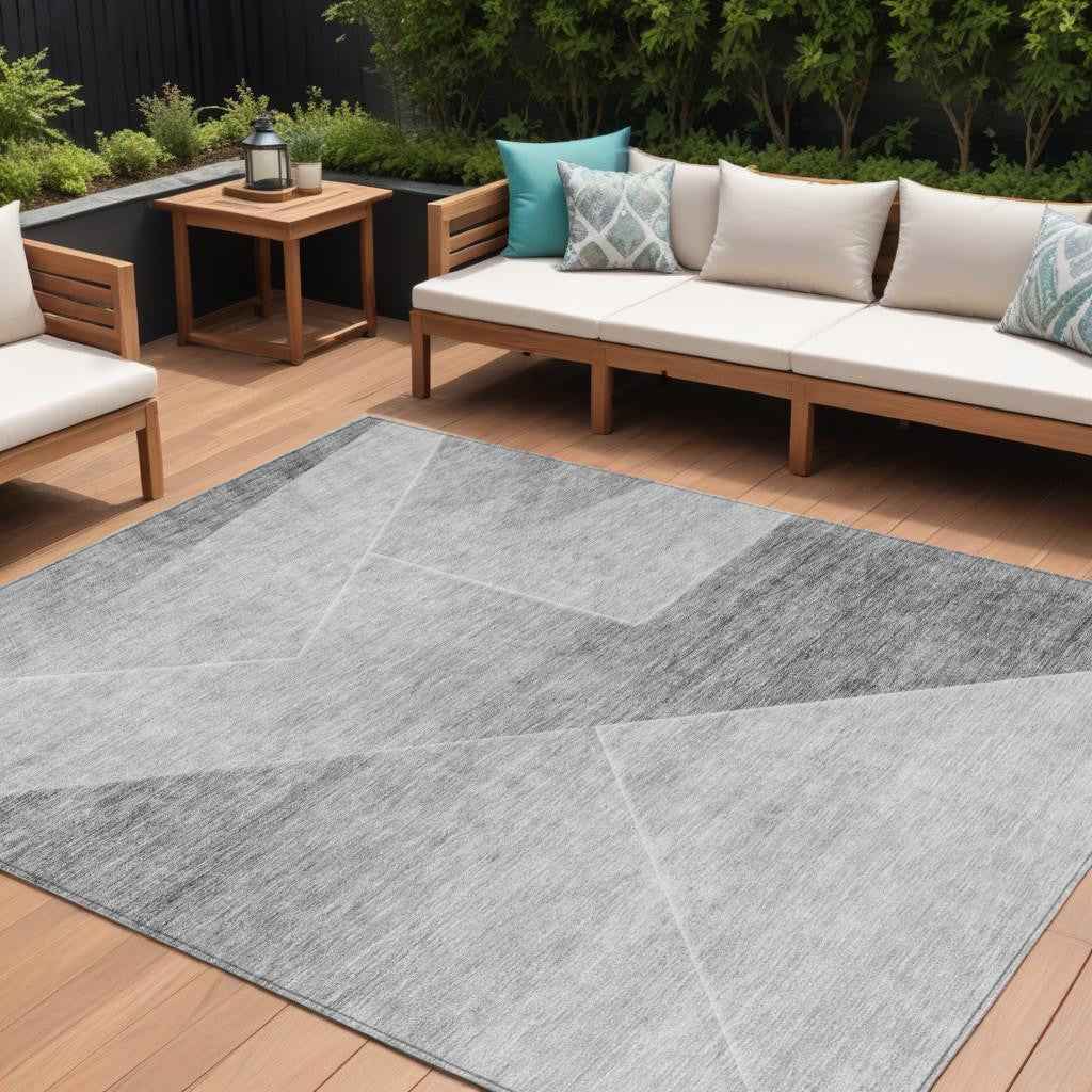 8' X 10' Gray Silver And Charcoal Abstract Washable Indoor Outdoor Area Rug