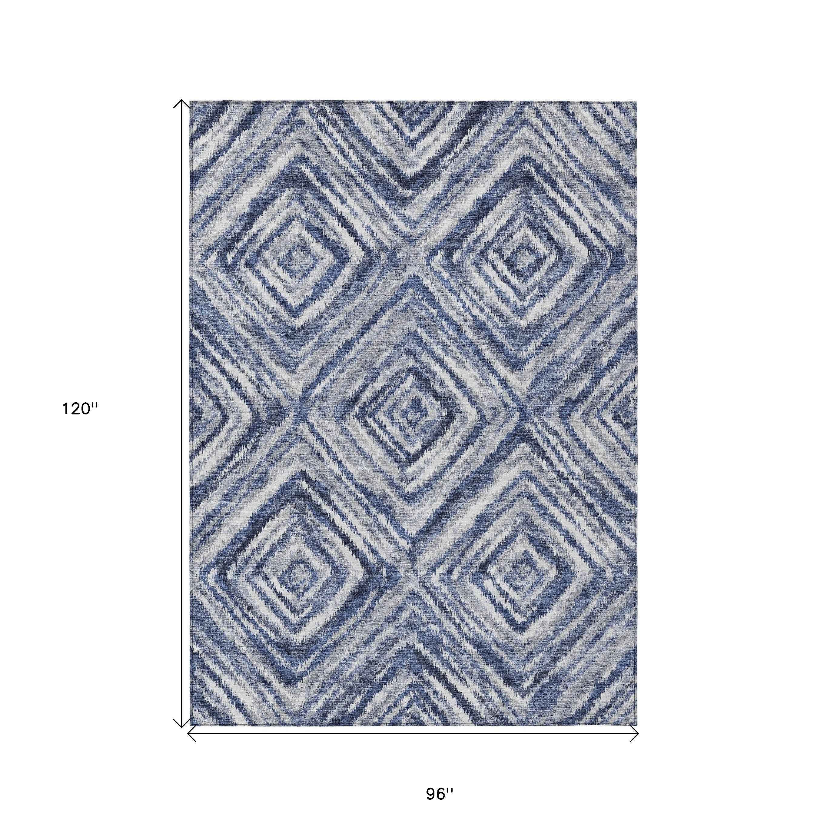 8' X 10' Navy Blue And Sky Blue Geometric Washable Indoor Outdoor Area Rug