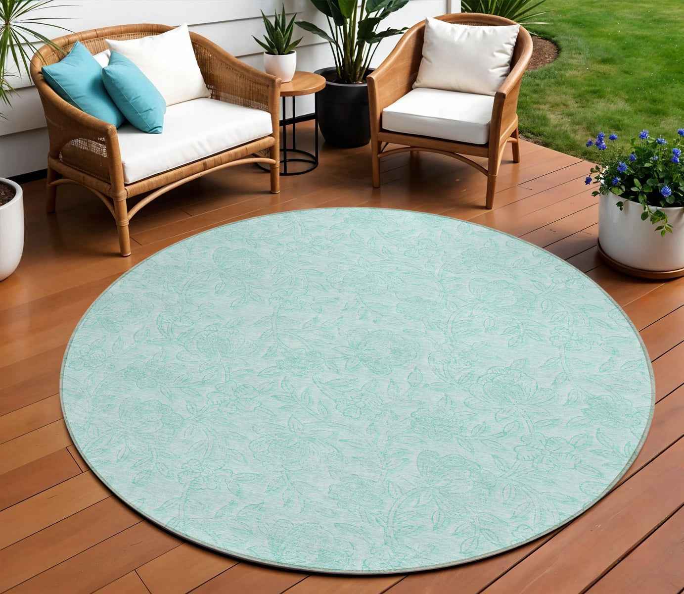 8' Teal Blue And Aqua Round Floral Washable Indoor Outdoor Area Rug