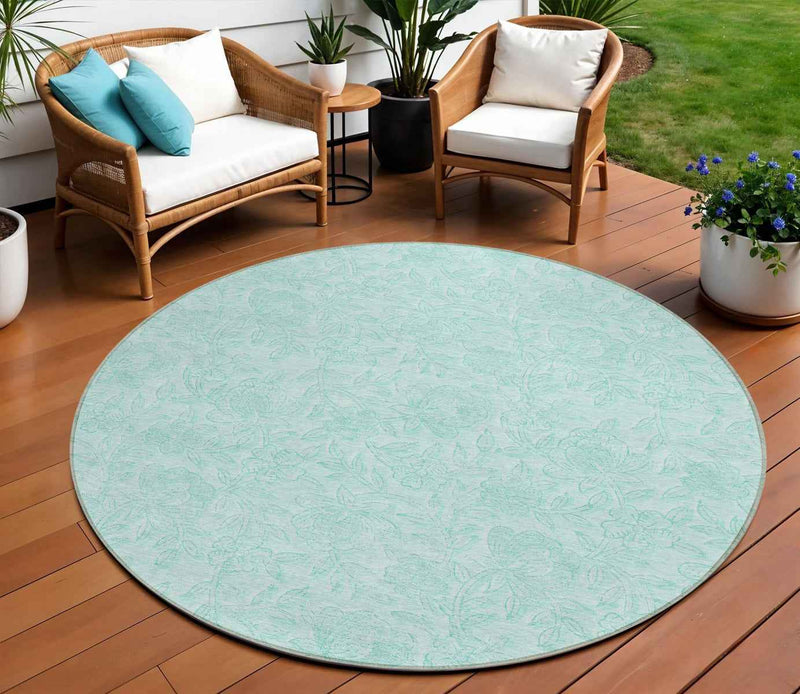 8' Teal Blue And Aqua Round Floral Washable Indoor Outdoor Area Rug