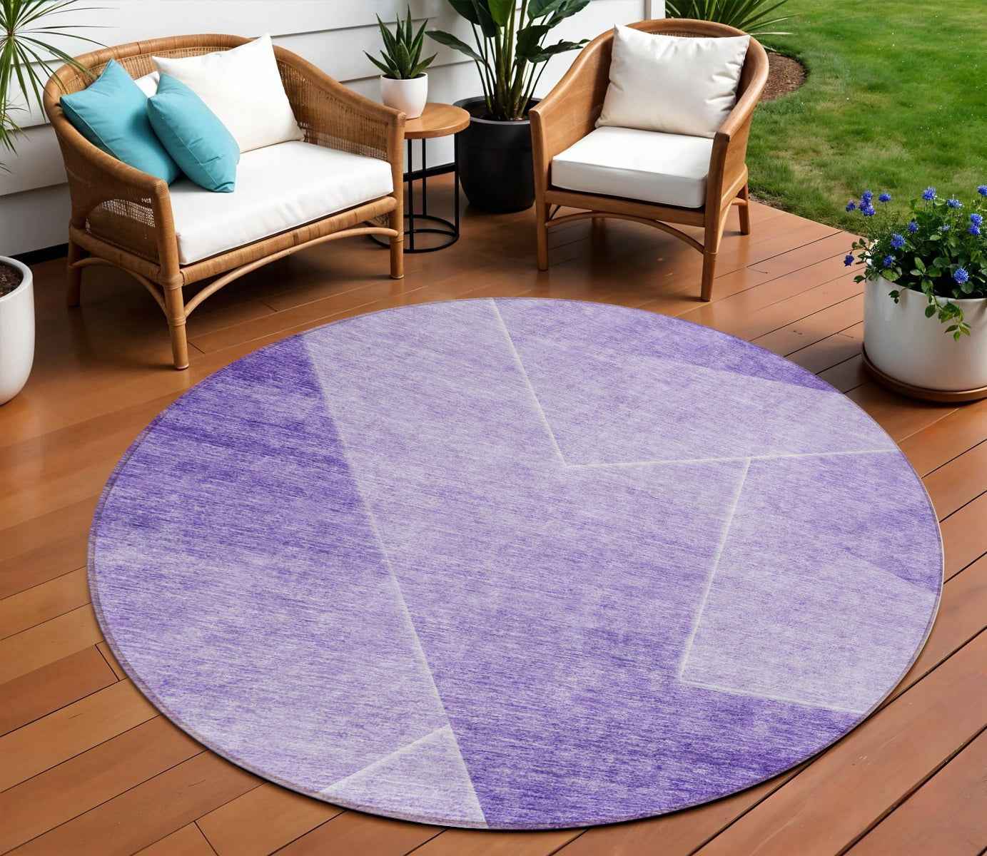 8' Purple And Ivory Round Abstract Washable Indoor Outdoor Area Rug