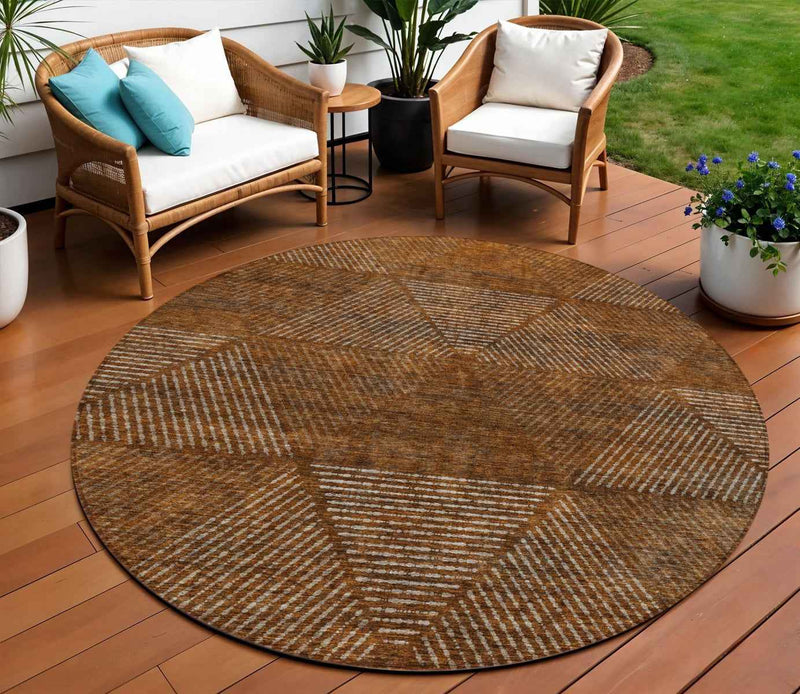 8' Terra Cotta Copper And Beige Round Geometric Washable Indoor Outdoor Area Rug