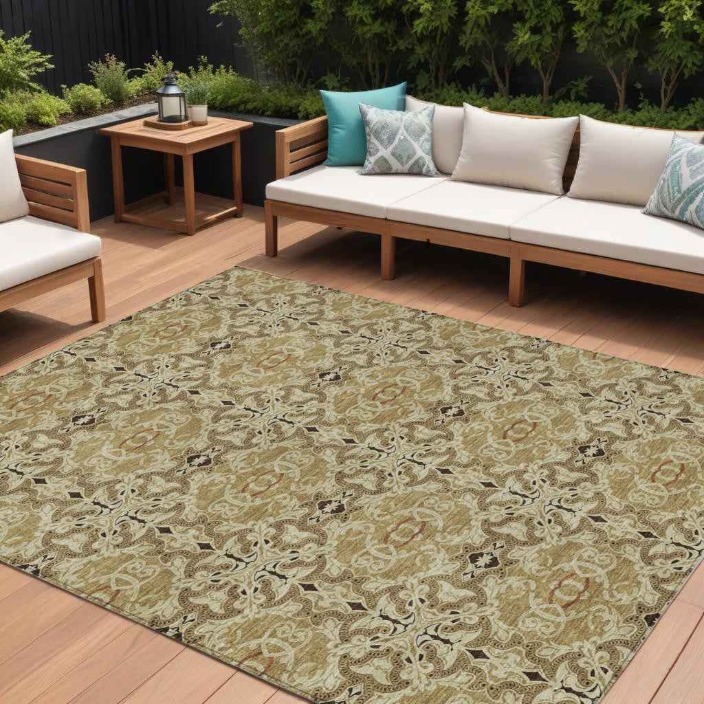 8' X 10' Brown Beige And Tan Medallion Washable Indoor Outdoor Area Rug