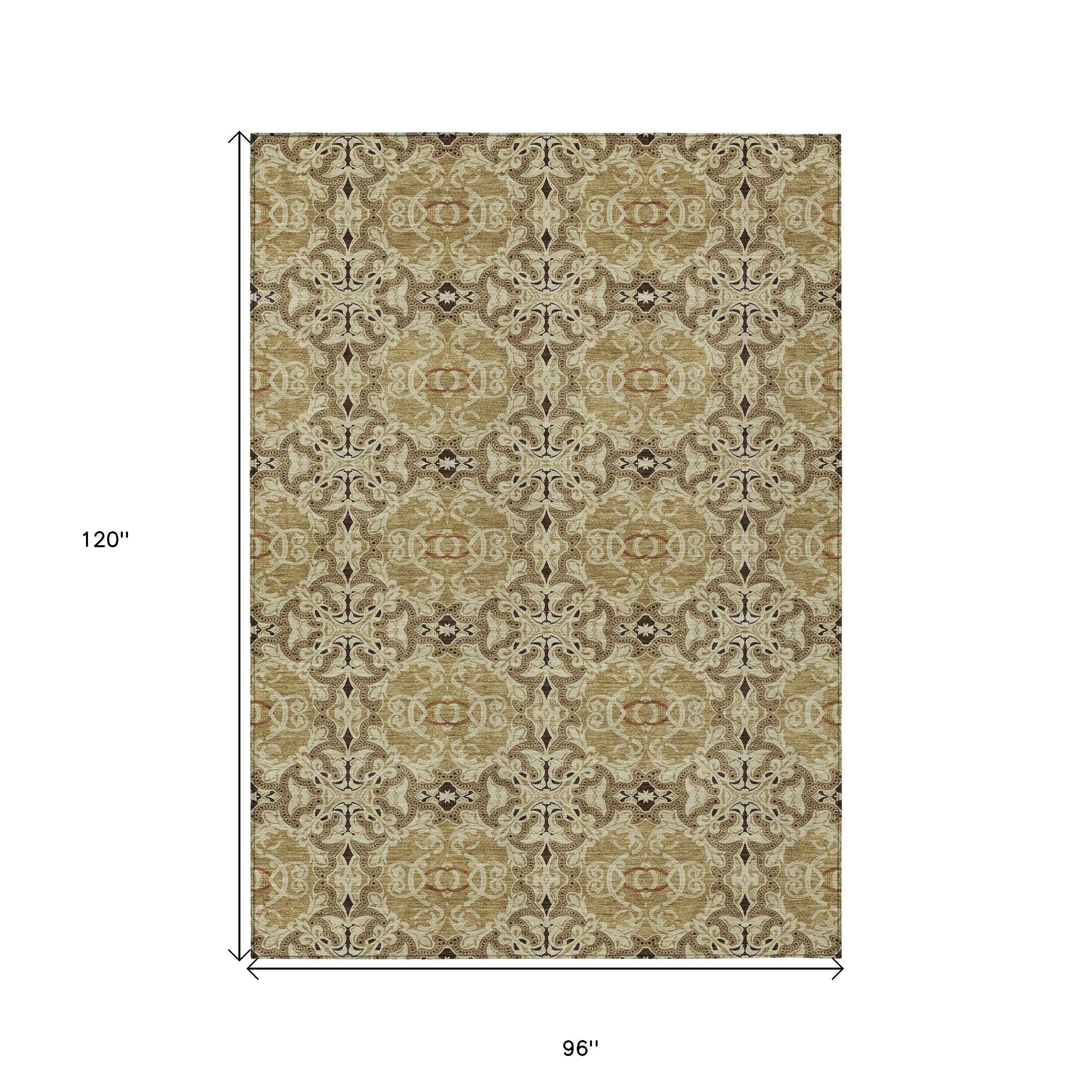 8' X 10' Brown Beige And Tan Medallion Washable Indoor Outdoor Area Rug