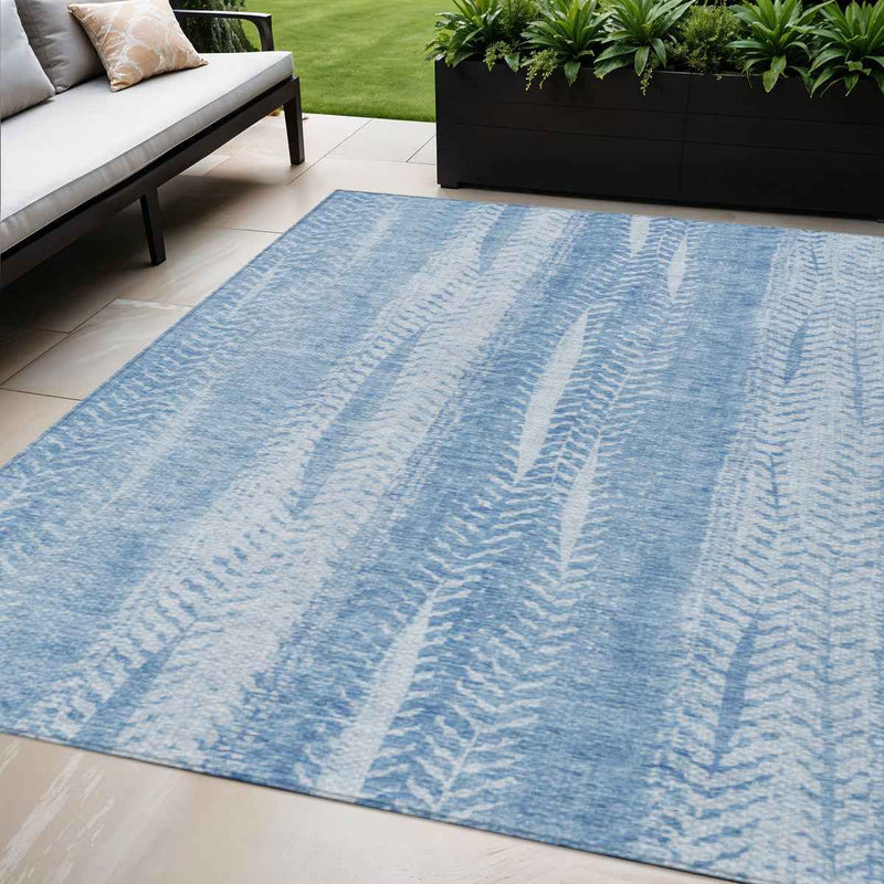 5' X 8' Sky Blue And Denim Blue Botanical Leaves Washable Indoor Outdoor Area Rug