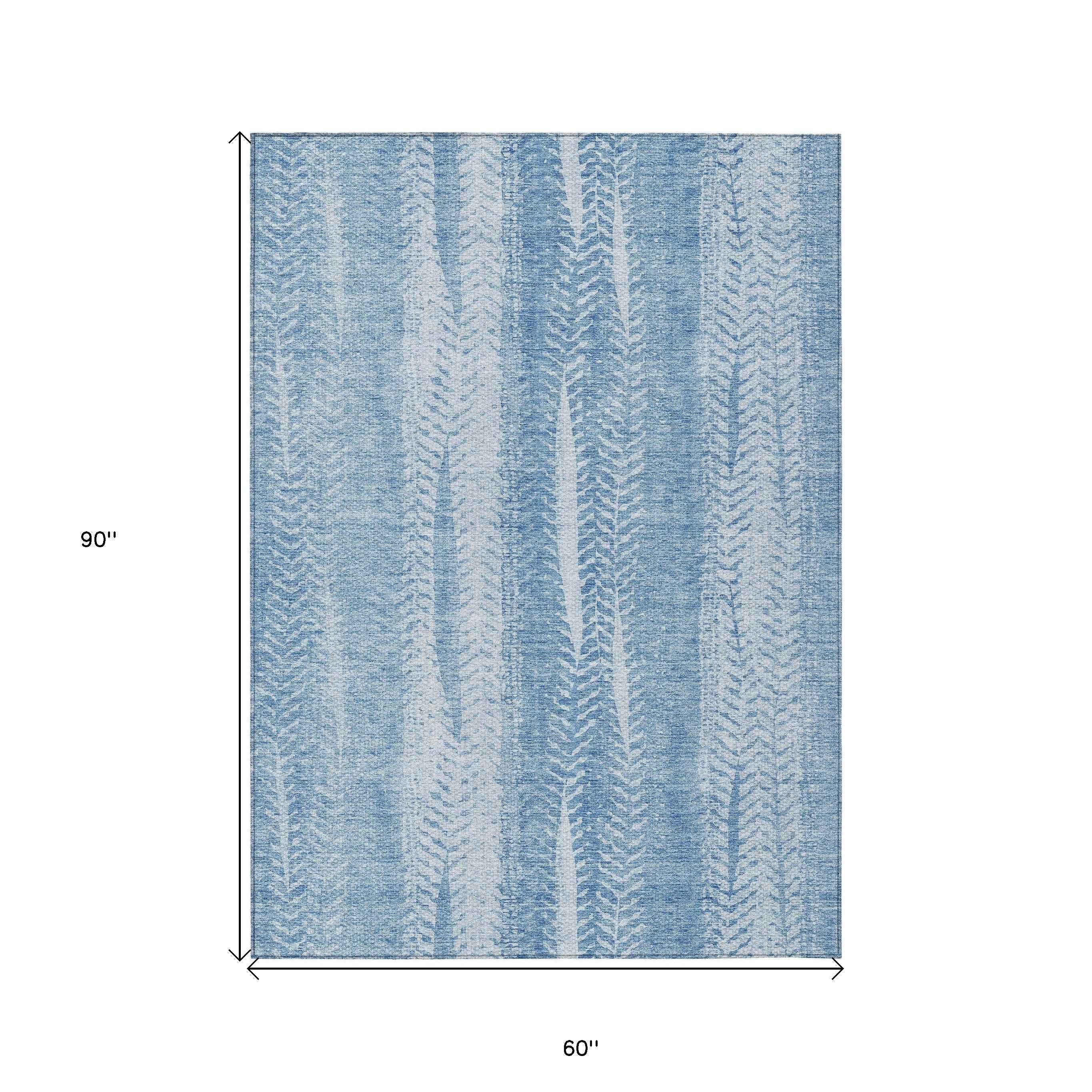 5' X 8' Sky Blue And Denim Blue Botanical Leaves Washable Indoor Outdoor Area Rug
