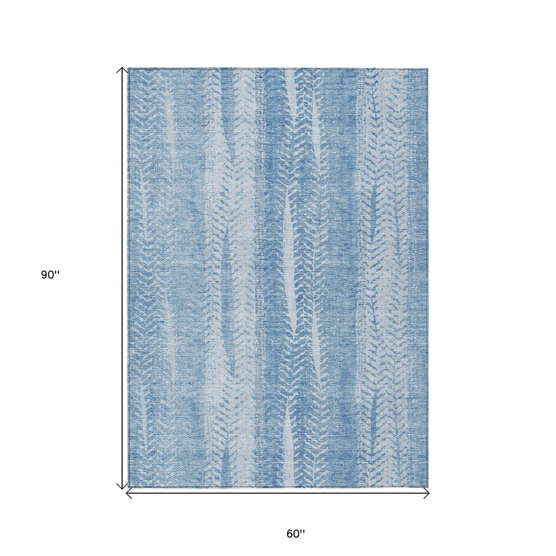 5' X 8' Sky Blue And Denim Blue Botanical Leaves Washable Indoor Outdoor Area Rug