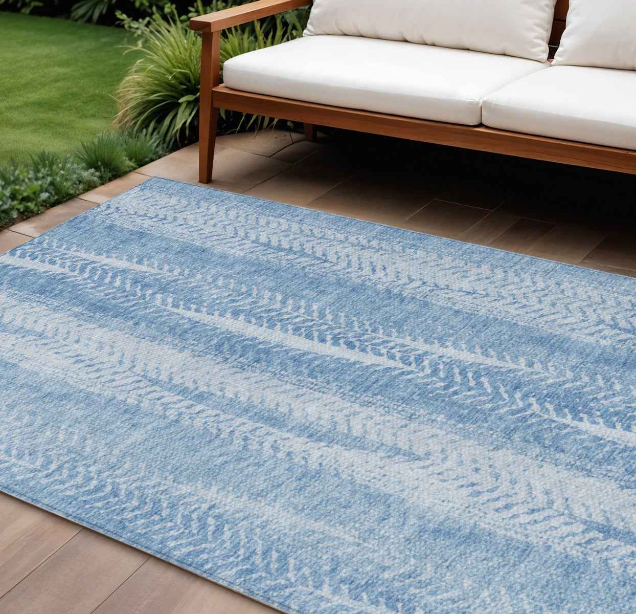 8' X 10' Sky Blue And Denim Blue Botanical Leaves Washable Indoor Outdoor Area Rug