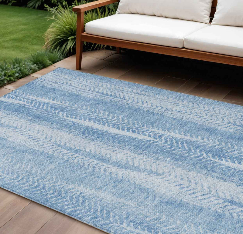 8' X 10' Sky Blue And Denim Blue Botanical Leaves Washable Indoor Outdoor Area Rug