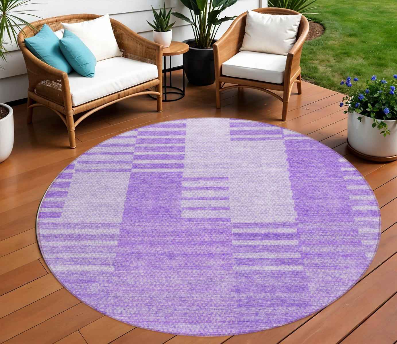 8' Lavender And Purple Round Striped Washable Indoor Outdoor Area Rug