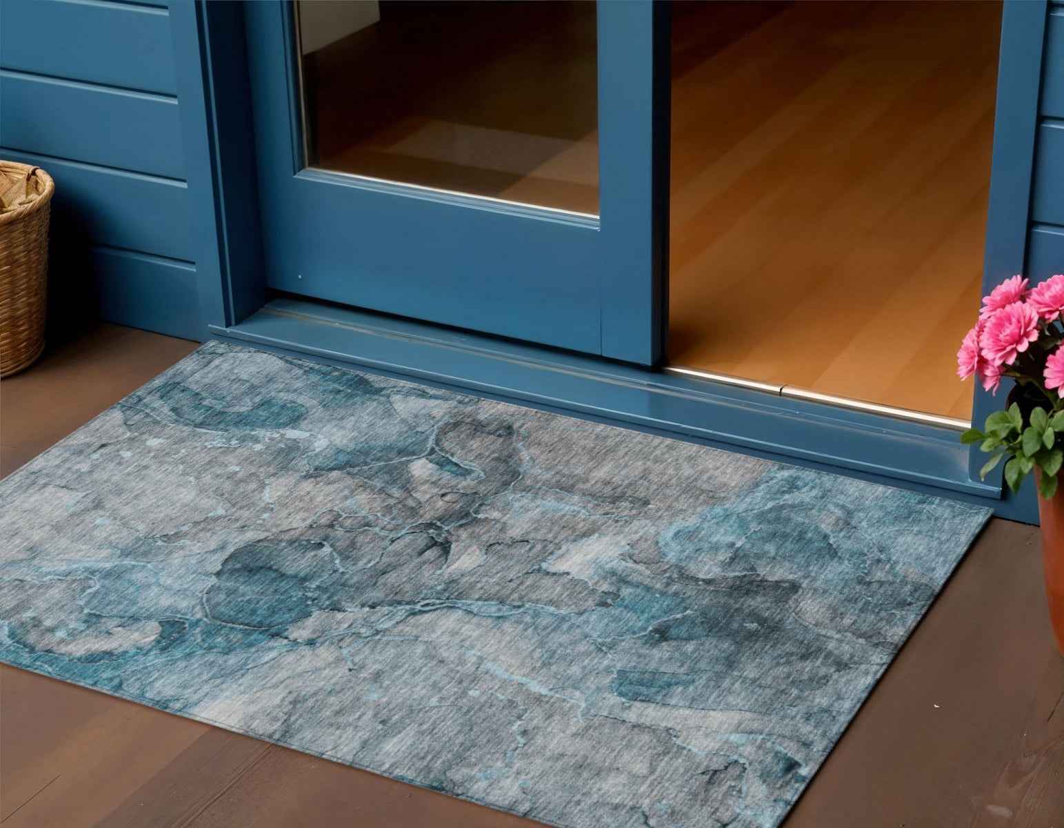 3' X 5' Teal Blue And Navy Blue Abstract Washable Indoor Outdoor Area Rug