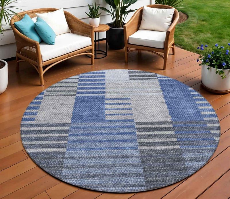 8' Denim Blue And Navy Blue Round Striped Washable Indoor Outdoor Area Rug