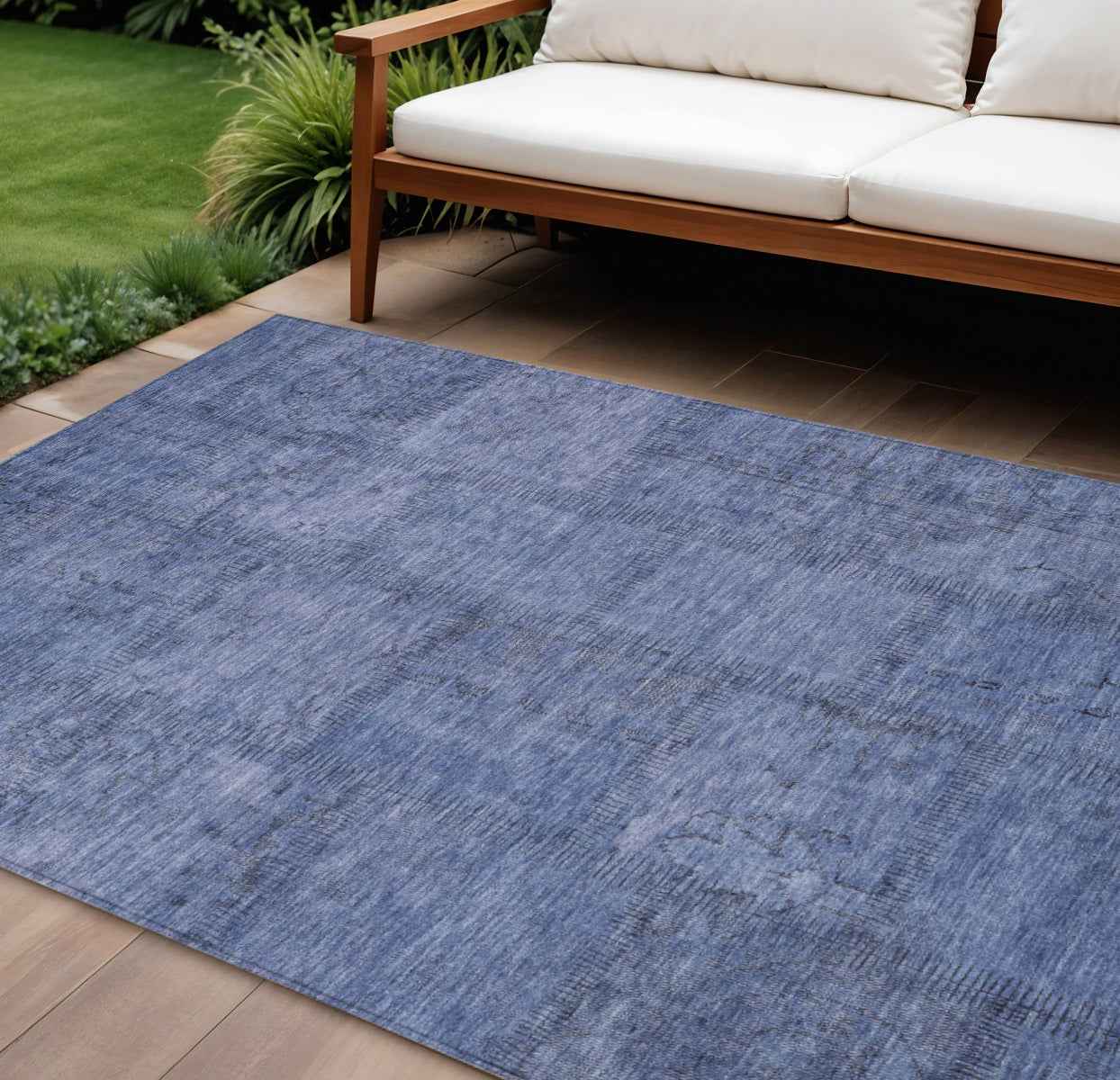 9' X 12' Denim Blue And Sky Blue Patchwork Washable Indoor Outdoor Area Rug