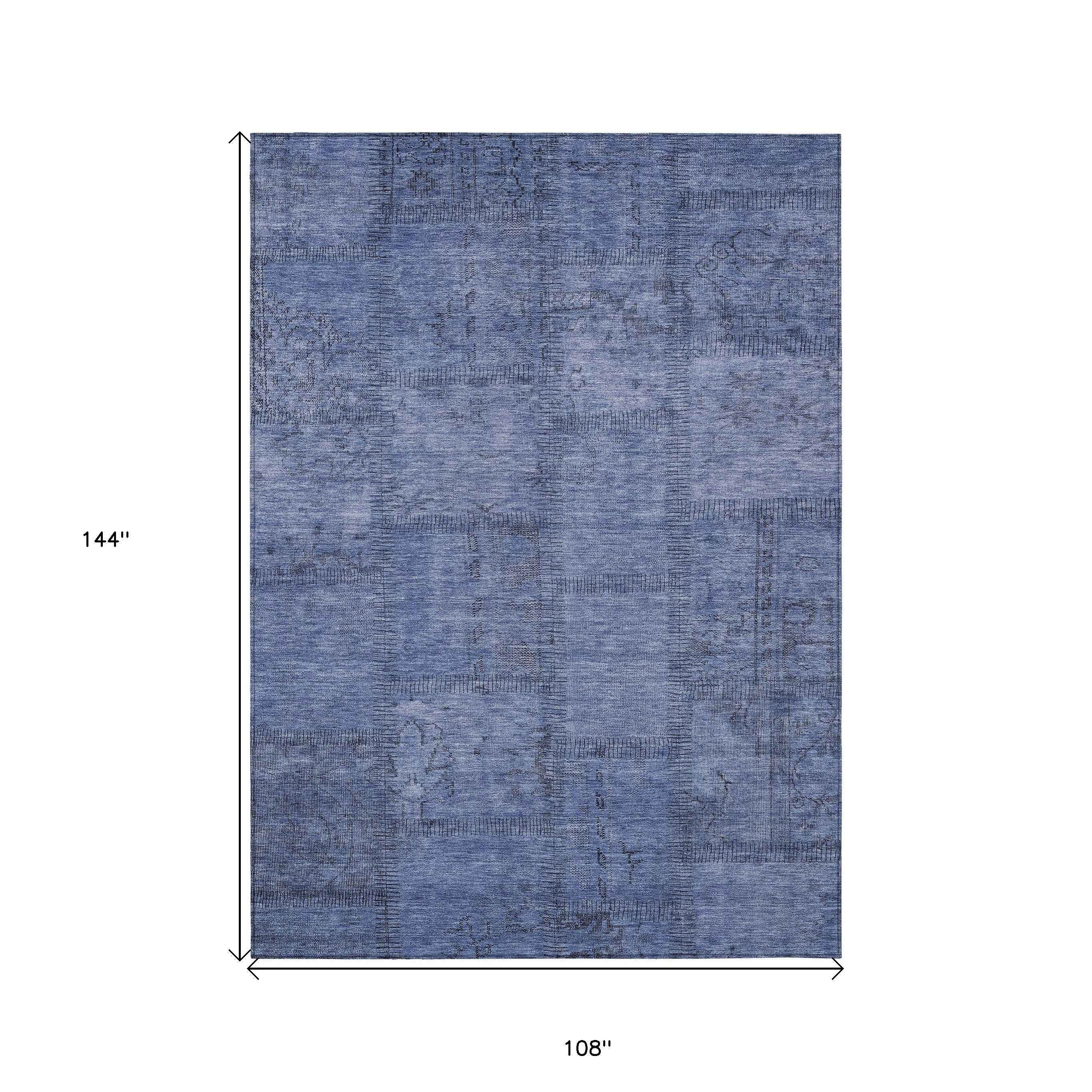 9' X 12' Denim Blue And Sky Blue Patchwork Washable Indoor Outdoor Area Rug