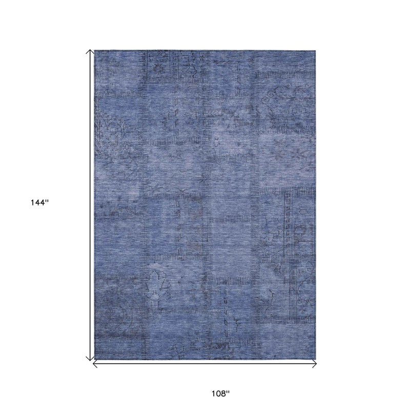 9' X 12' Denim Blue And Sky Blue Patchwork Washable Indoor Outdoor Area Rug