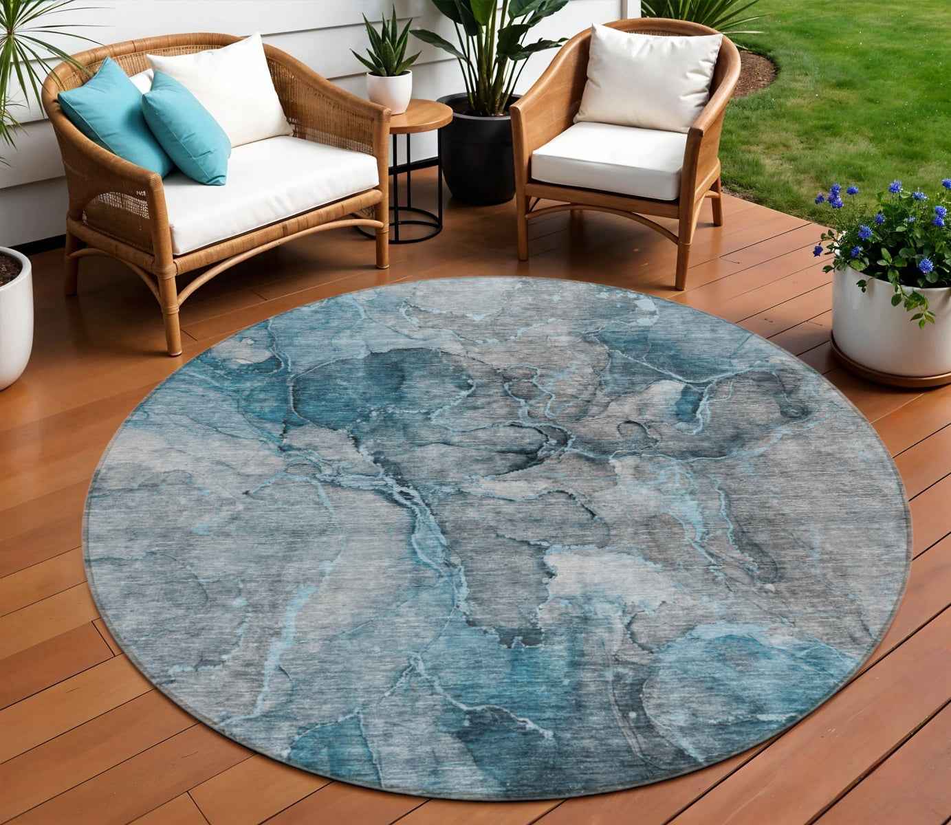8' Teal Blue And Navy Blue Round Abstract Washable Indoor Outdoor Area Rug