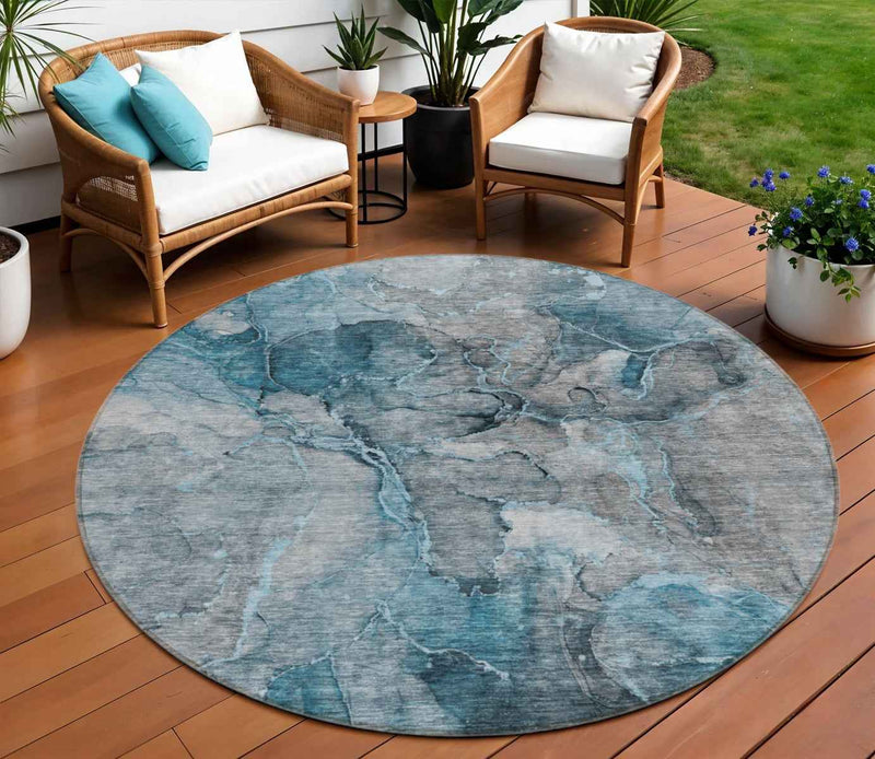 8' Teal Blue And Navy Blue Round Abstract Washable Indoor Outdoor Area Rug
