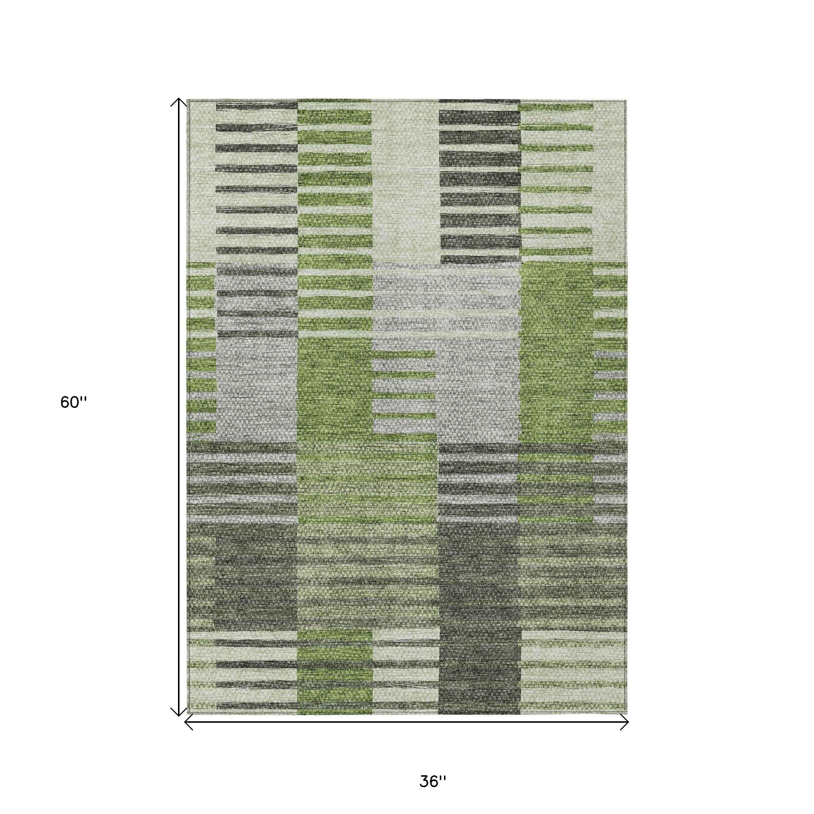 3' X 5' Green And Olive Green Striped Washable Indoor Outdoor Area Rug