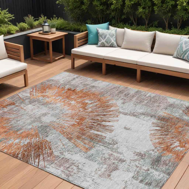 8' X 10' Terra Cotta Copper And Taupe Abstract Washable Indoor Outdoor Area Rug