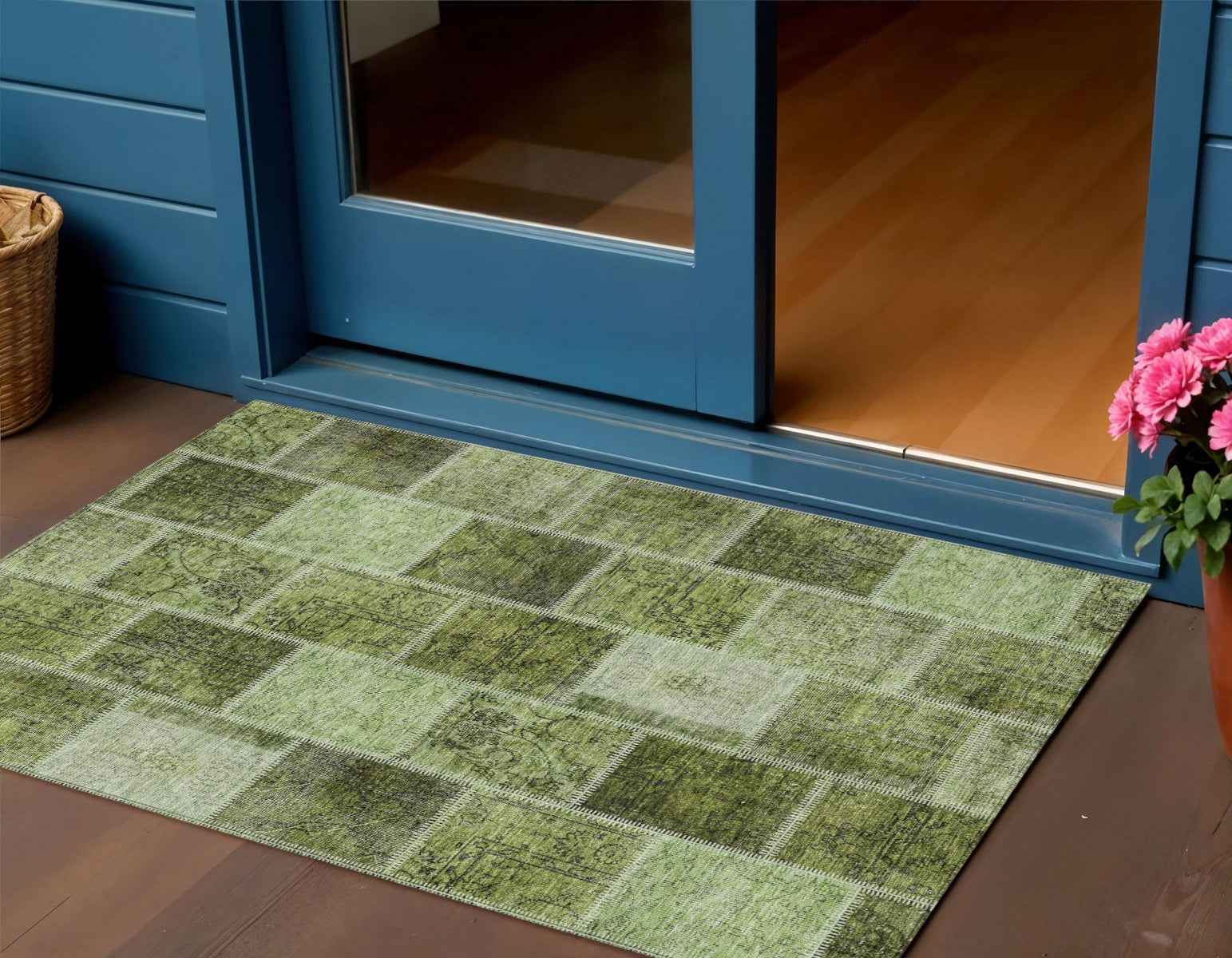 3' X 5' Olive Green And Artichoke Green Patchwork Washable Indoor Outdoor Area Rug