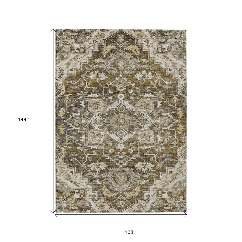 9' X 12' Brown Beige And Taupe Oriental Washable Indoor Outdoor Area Rug