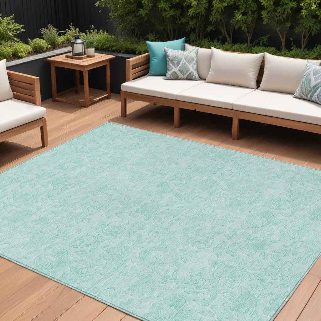 8' X 10' Teal Blue And Aqua Floral Washable Indoor Outdoor Area Rug