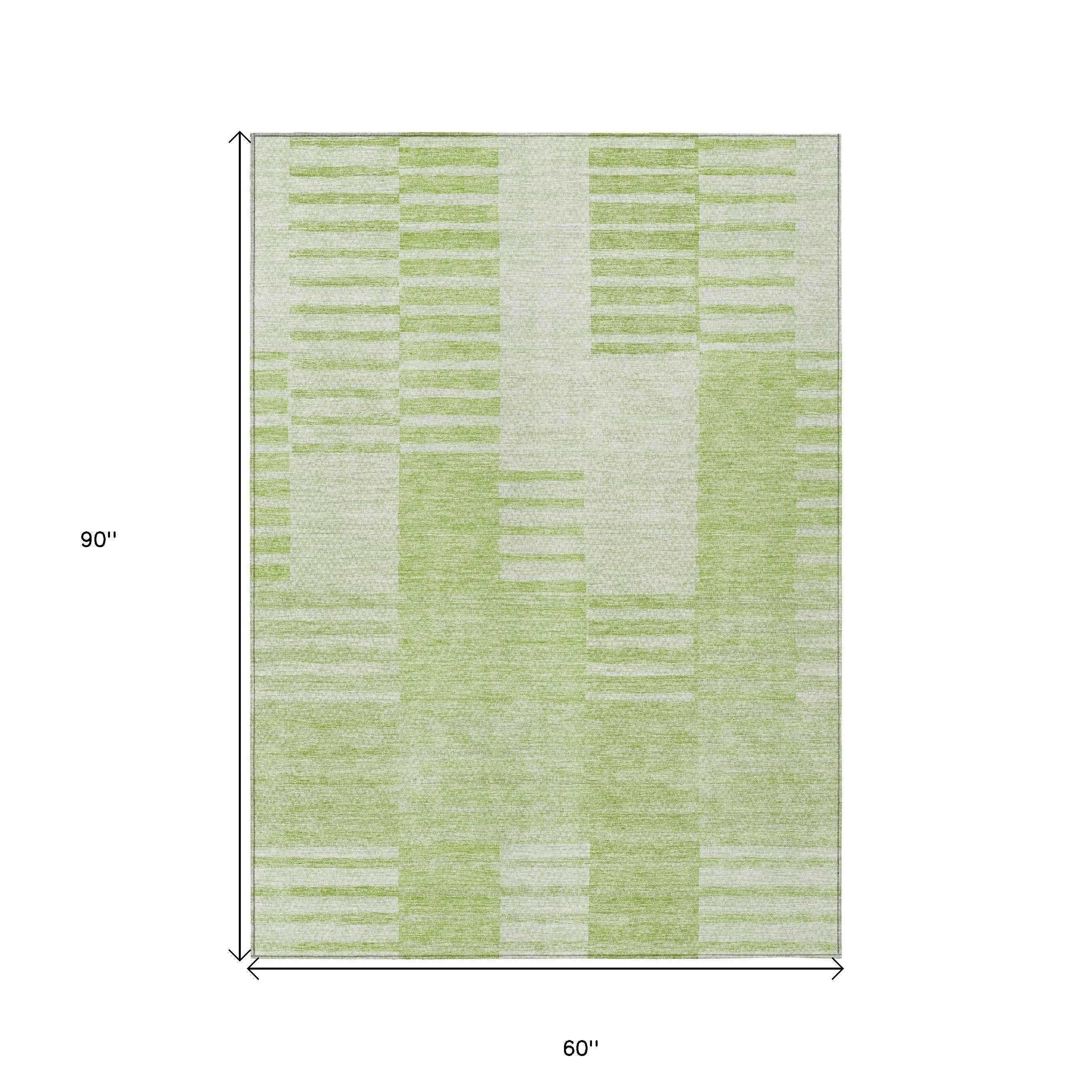 5' X 8' Artichoke Green And Mint Green Striped Washable Indoor Outdoor Area Rug