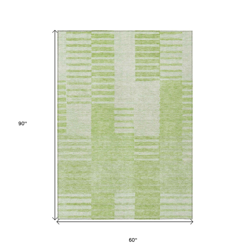 5' X 8' Artichoke Green And Mint Green Striped Washable Indoor Outdoor Area Rug