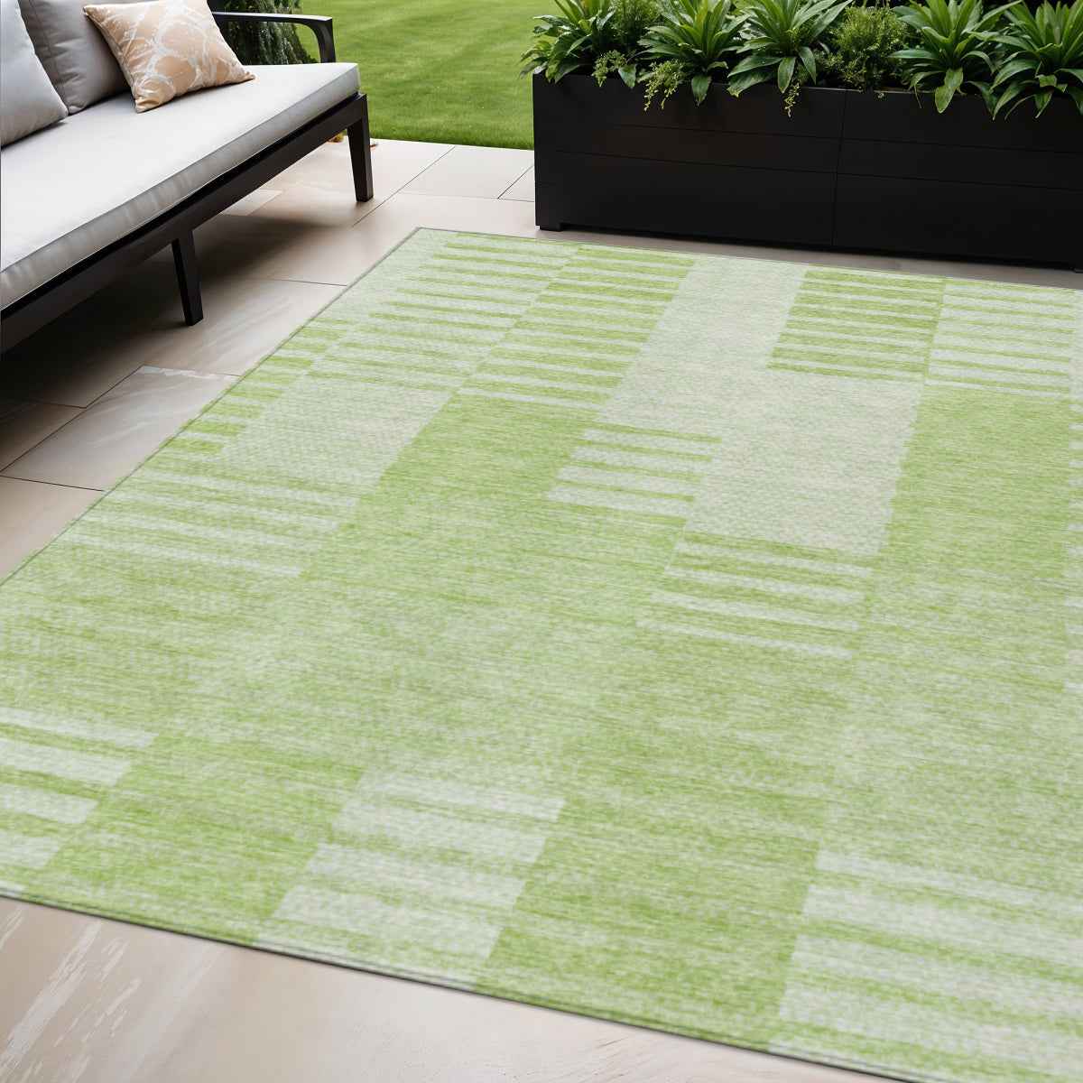 5' X 8' Artichoke Green And Mint Green Striped Washable Indoor Outdoor Area Rug