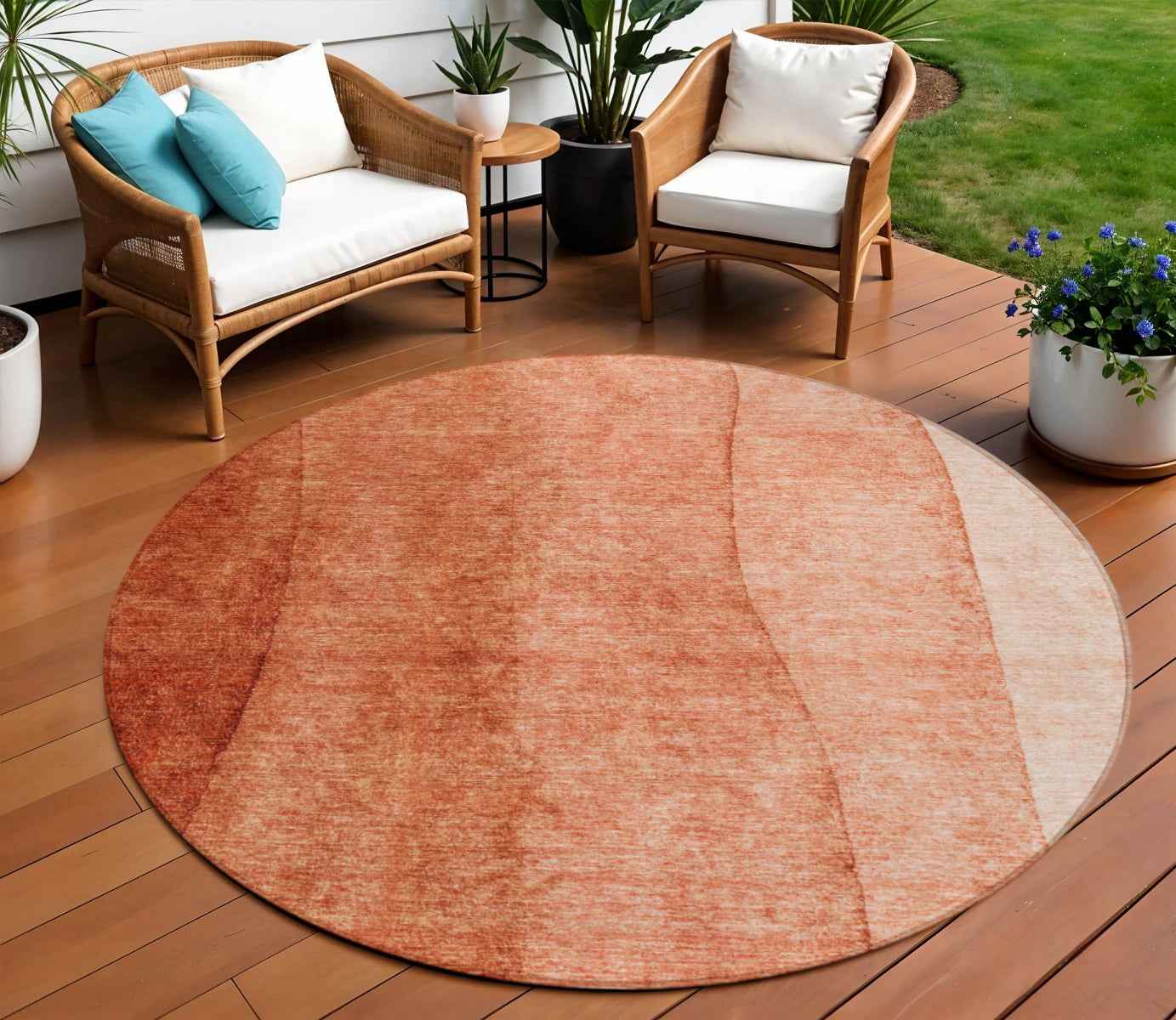 8' Red Copper And Terra Cotta Round Ombre Washable Indoor Outdoor Area Rug