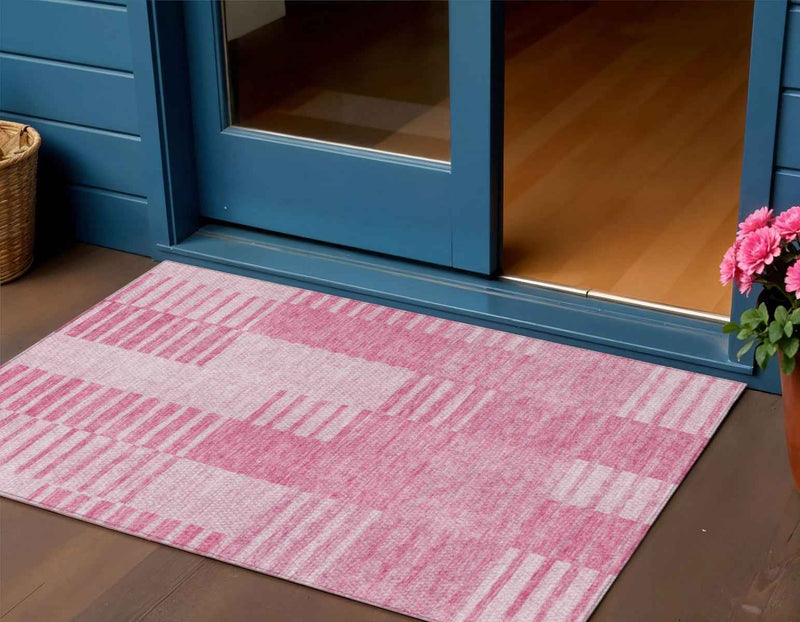 3' X 5' Pink And Blush Striped Washable Indoor Outdoor Area Rug