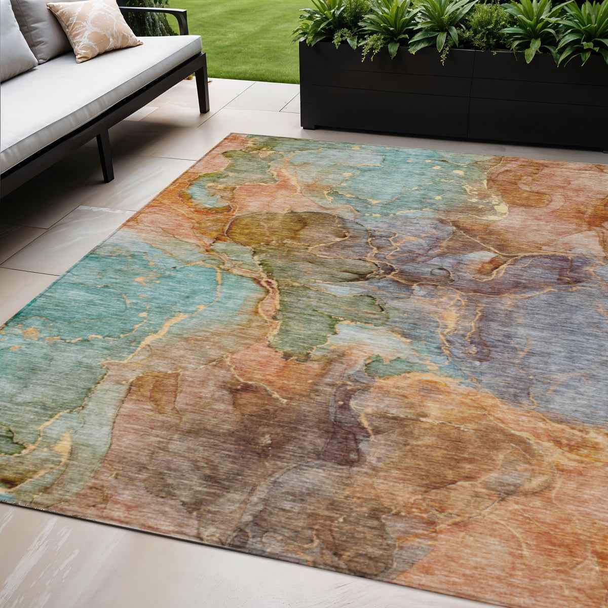 5' X 8' Copper Orange And Teal Blue Abstract Washable Indoor Outdoor Area Rug