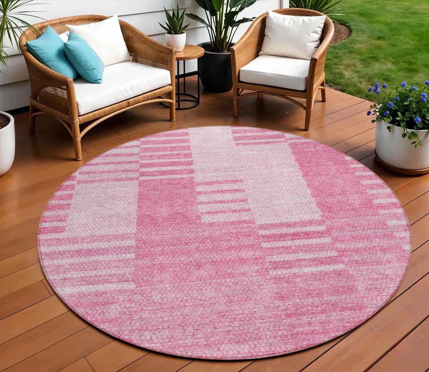 8' Pink And Blush Round Striped Washable Indoor Outdoor Area Rug