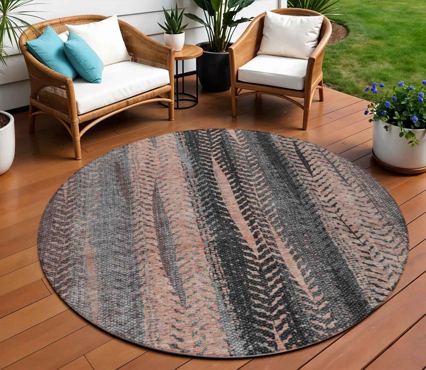 8' Blue Charcoal And Copper Round Botanical Leaves Washable Indoor Outdoor Area Rug