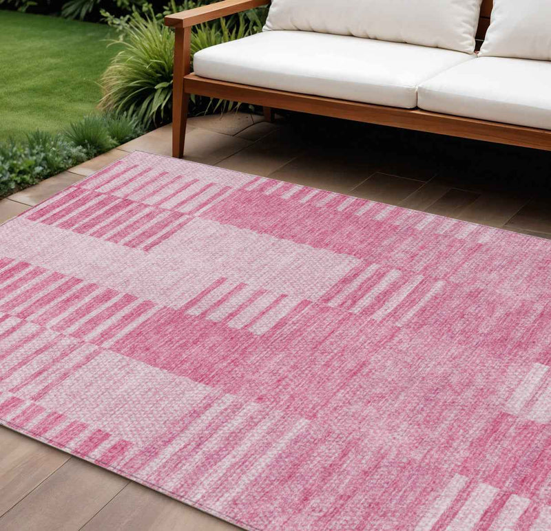 8' X 10' Pink And Blush Striped Washable Indoor Outdoor Area Rug