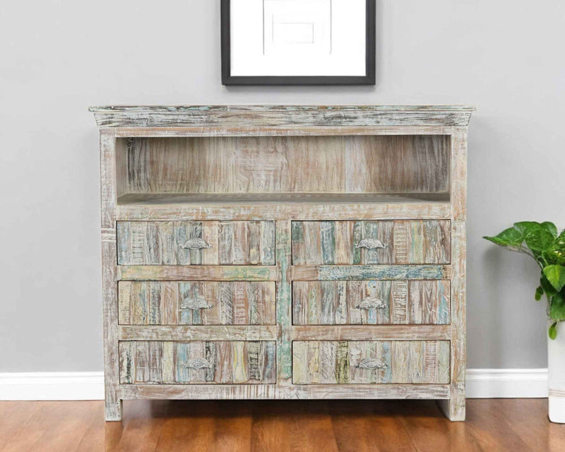 50" White Distressed Reclaimed Wood Open And Enclosed Storage Entertainment Center