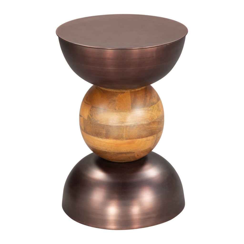 20" Bronze and Brown Iron and Solid Wood Round Pedestal End Table
